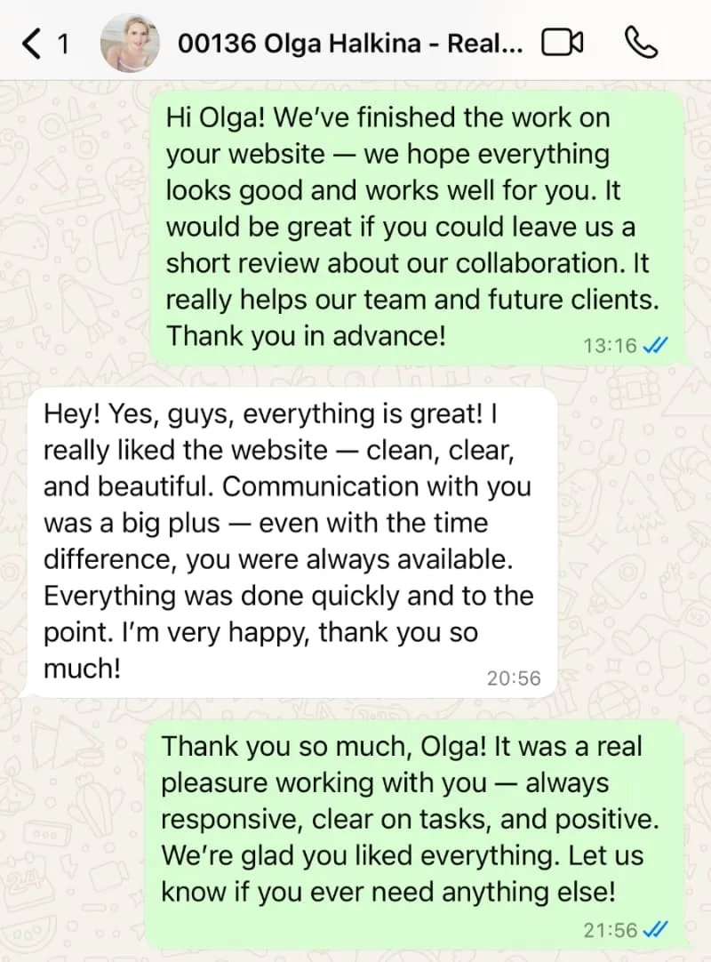 Screenshot from WhatsApp conversation with Olga Halkina about Meta Ads results